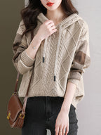 Autumn And Winter Hooded Sweater Women'S Loose Thickened Sweater Plaid Jacquard Regular Sleeve Pullover Warm Design - Apricot