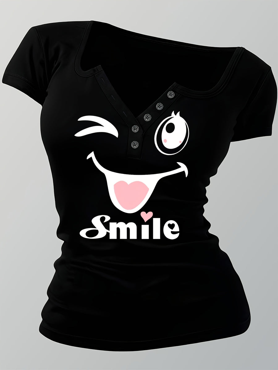 Artistic Smiling Face Pattern, Women'S Hot Outfit with Sexy Design And Buttons, Non-V-Neck Women'S T-Shirt, Suitable for All Four Seasons, Revealing Y20K/Casual/Sports/Commuting/Fashionable/Elegant, Comfortable And Breathable Gift - Black