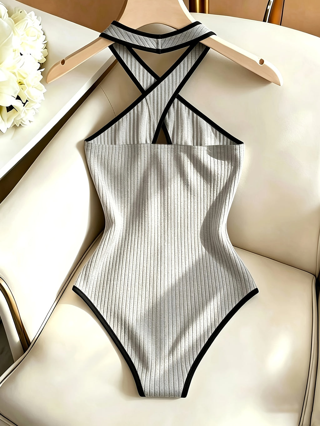 Contrast-color Women's Cross-neck Tie-neck Top with Hidden Snap Fasteners, Form-fitting. Suitable for Vacation Outfits, Women, Fashion Apparel. Ideal for Beach Vacations, Summer Vacation Outfits, Holiday Attire, Women's Holiday Party Gatherings - Space Gray