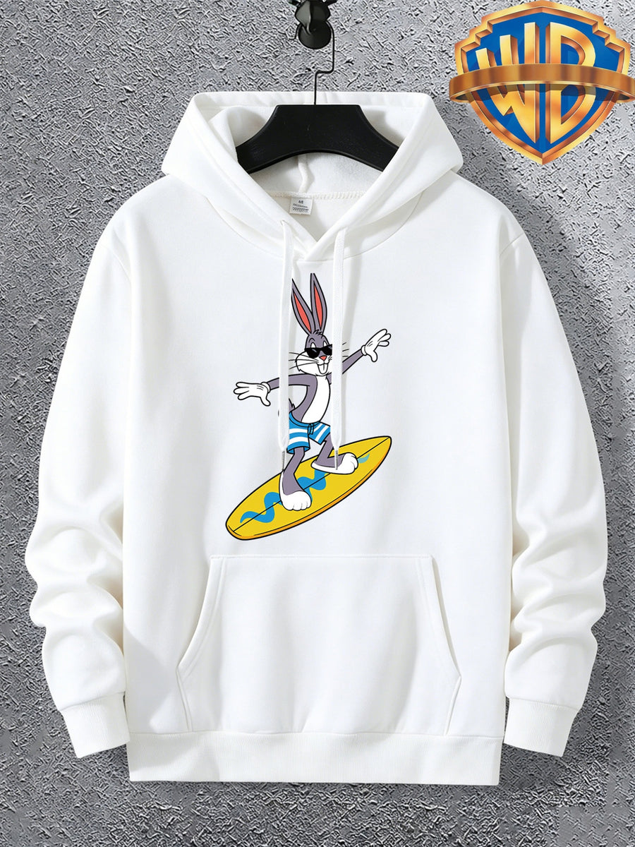 Warner Bros. Official Men's Autumn Hooded Sweatshirt, with Ribbed Cuffs, Breathable Polyester Fabric, Summer Beach Surfing Anime Print, Suitable for Casual and Sporty Outfits, Friend Gatherings, and Daily Shopping, Pocket Storage - White