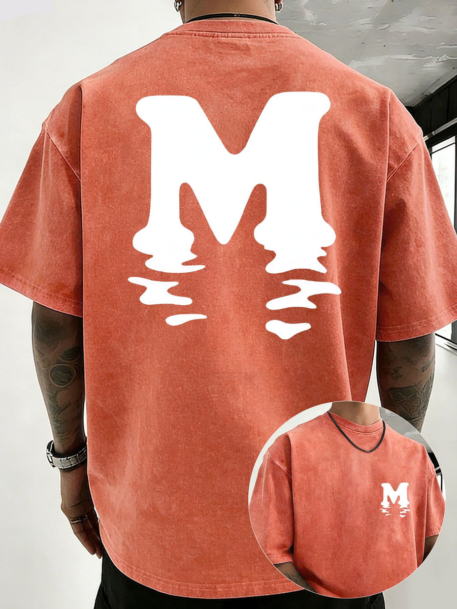 Unisex 100% Cotton Washed Vintage Crew Neck Short-Sleeve T-Shirt, Double-Sided Position Print, Trendy Loose Casual Top, 12 Colors Available - Orange