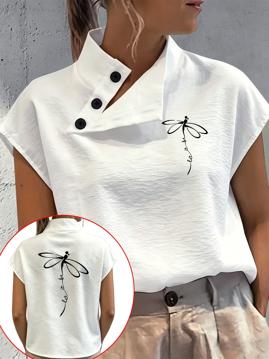 Casual Comfortable Elegant Chic Small Stand Collar Button-Up Sleeveless Dragonfly Butterfly Print White Shirt - White No. 3