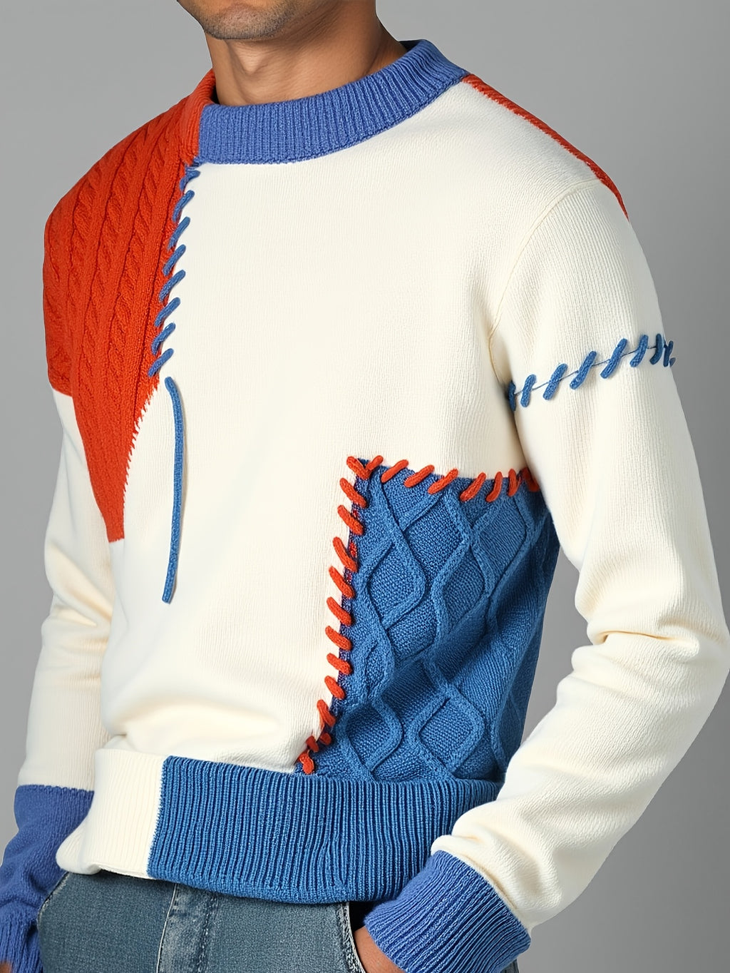 Men's Color-Block Crewneck Sweater, Regular Fit Warm Knitwear for Autumn/Winter, Casual Base Layer for Teens, Fashionable - Apricot