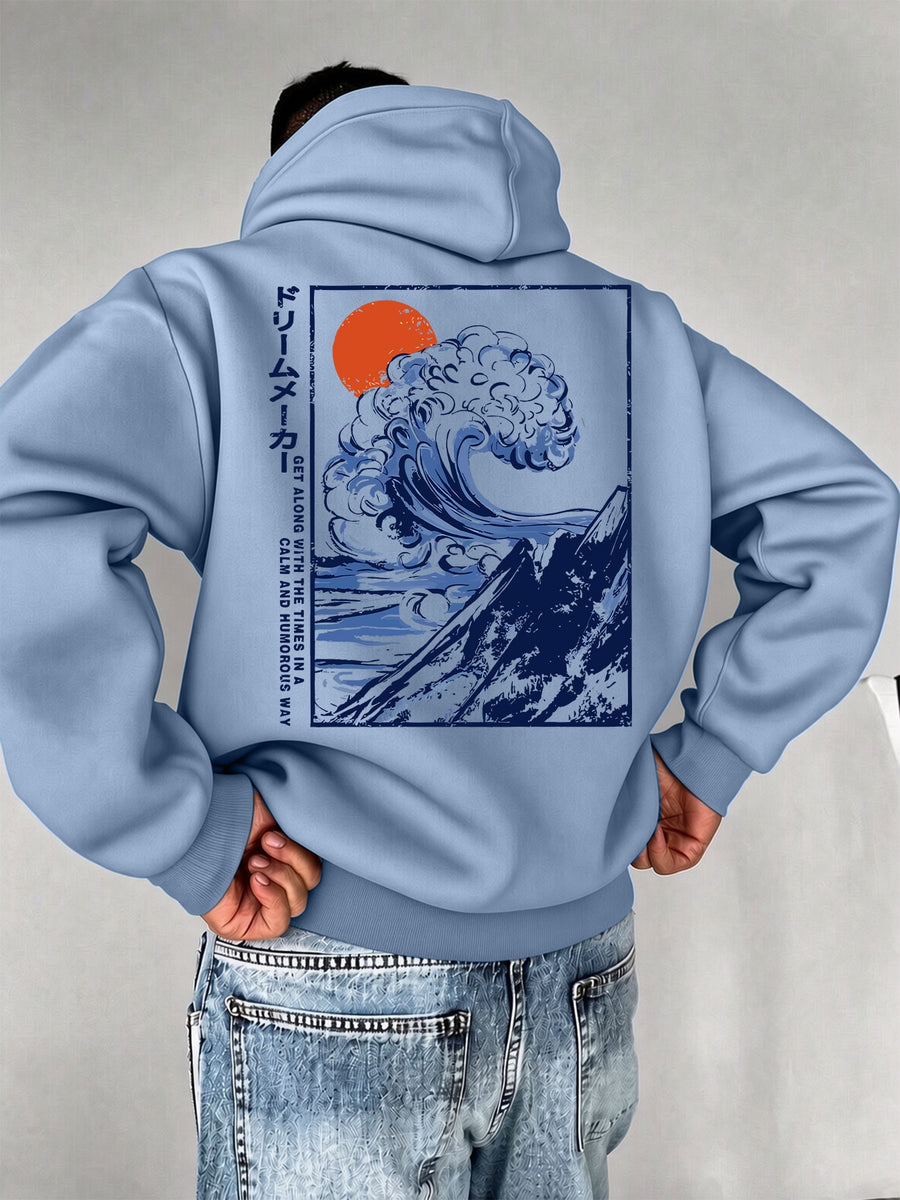 Men'S Fashion Hoodie Pullover with "Japanese Red Sun, Waves, Mountain Scenery, Ukiyo-E, National Style" Print, Trendy Style, Autumn/Winter Drawstring Regular Fit Warm Sweatshirt, Daily Commute, City Casual, Sports, Outing Wear - Light Blue