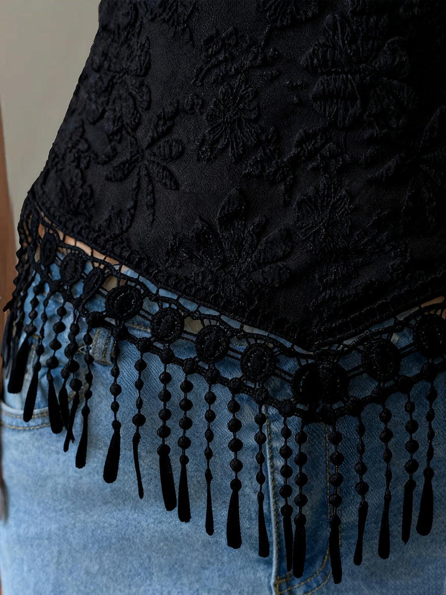 2026 Vintage Lace Camisole for Women with Fringe Hem, Embroidered Waist-Cinching Top, Niche Sexy Outerwear/Innerwear Layering Base Layer - Black