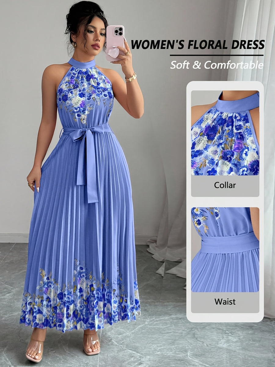 Fashionable New Women'S Summer Halter Floral Print Pleated Dress - Dark Blue