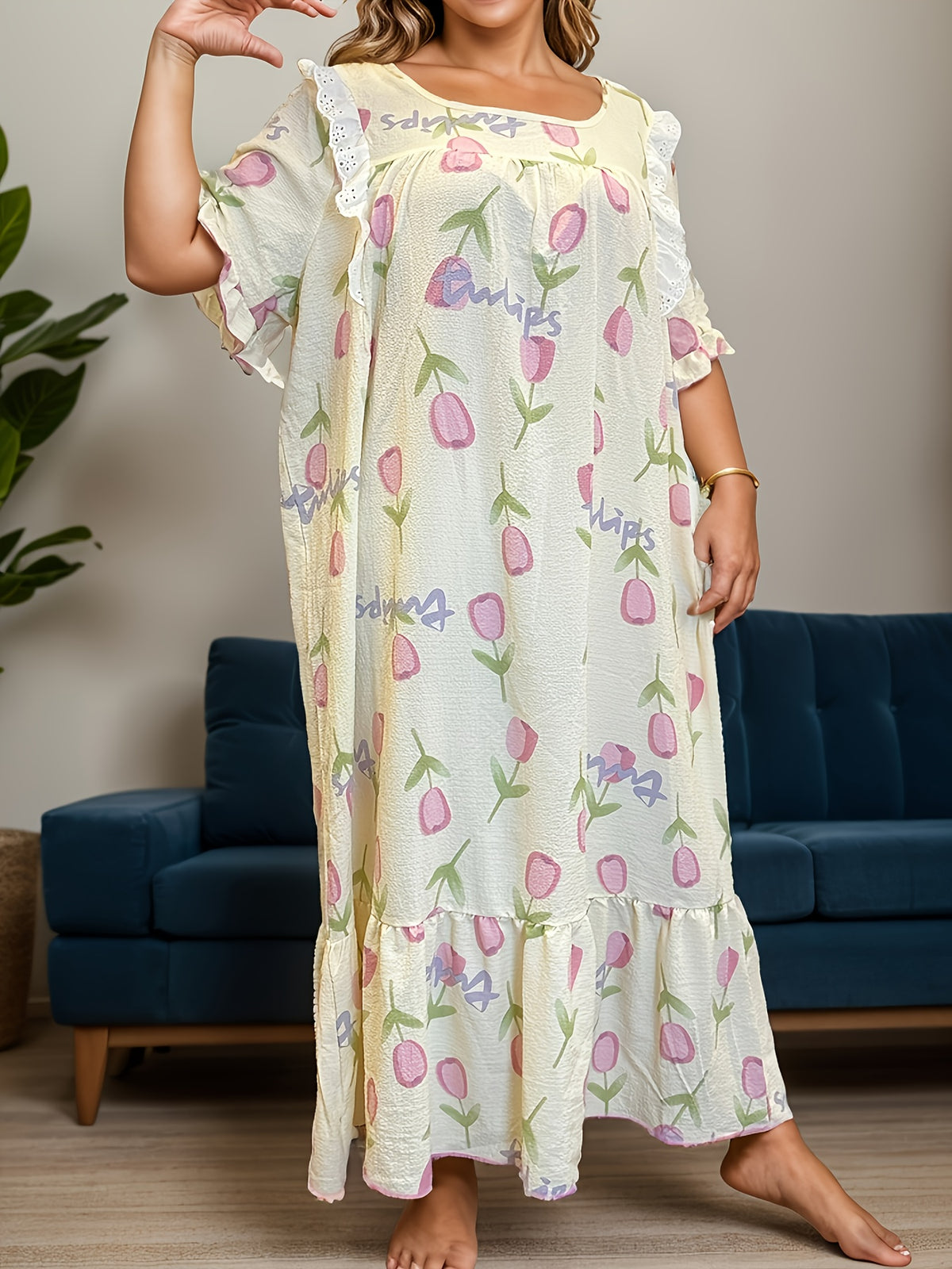 Plus Size Women's Casual Elegant Bubble Crepe Short Sleeve Midi Nightgown with Marigold Print - Multicolor