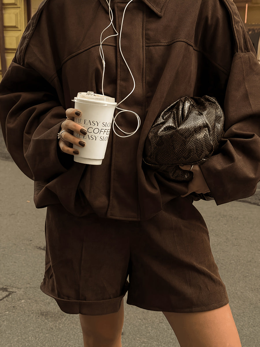Women'S Casual Street Style Lapel Jacket, Retro Long Sleeve Zip Loose Coat - Coffee Color