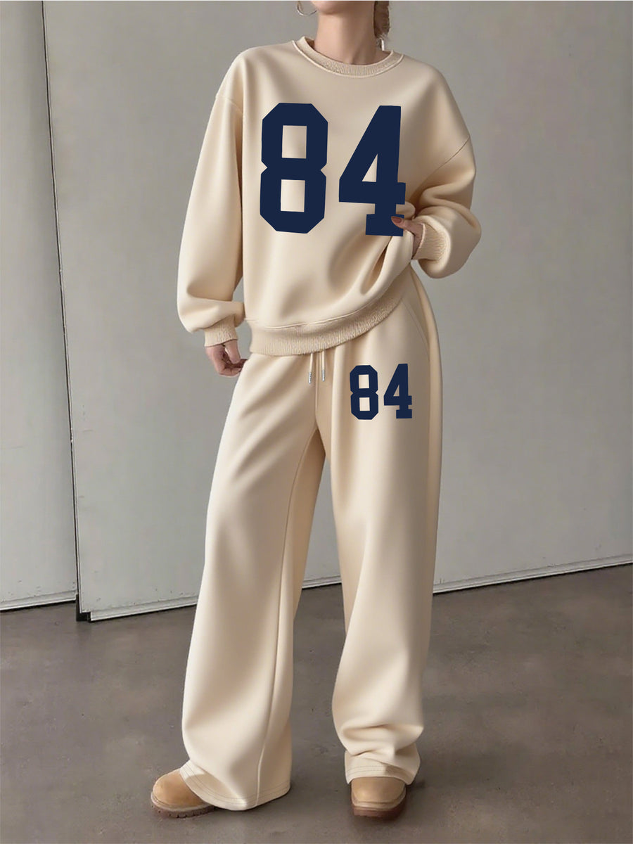 Graphic Print Two-Piece Set, Crew Neck Sweatshirt And Pants, Women'S Clothing - Apricot