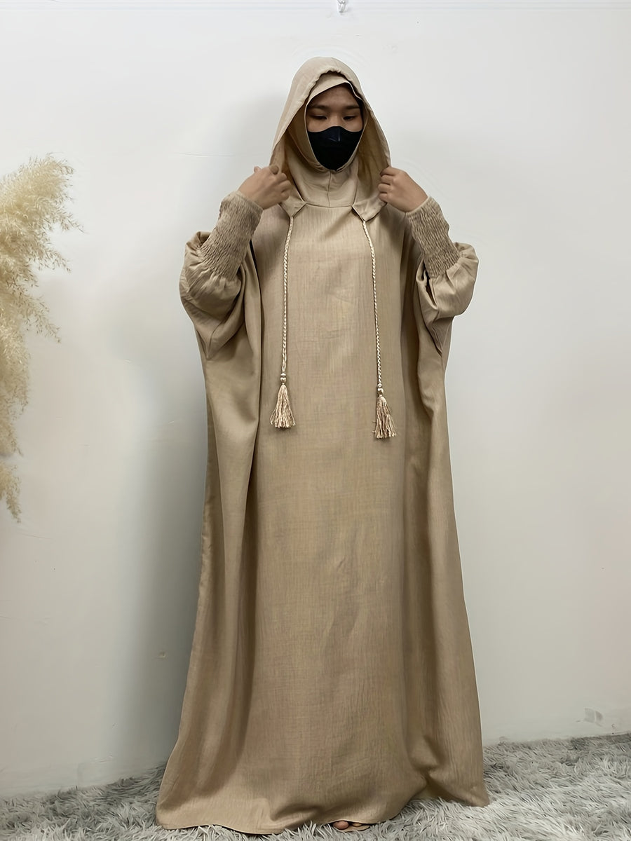 Fashionable Muslim Batwing Sleeve Hooded Abaya Casual Hooded Dress - Apricot