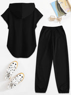 Women's Two-Piece Drawstring Sleeveless Hooded Top and Summer Letter Print Pants Set, Elastic Waist Casual Pants, Winter ; Christmas, Cyber Monday, New Year, Commuting, Casual Yet Appropriate, Daily Outfit - Black