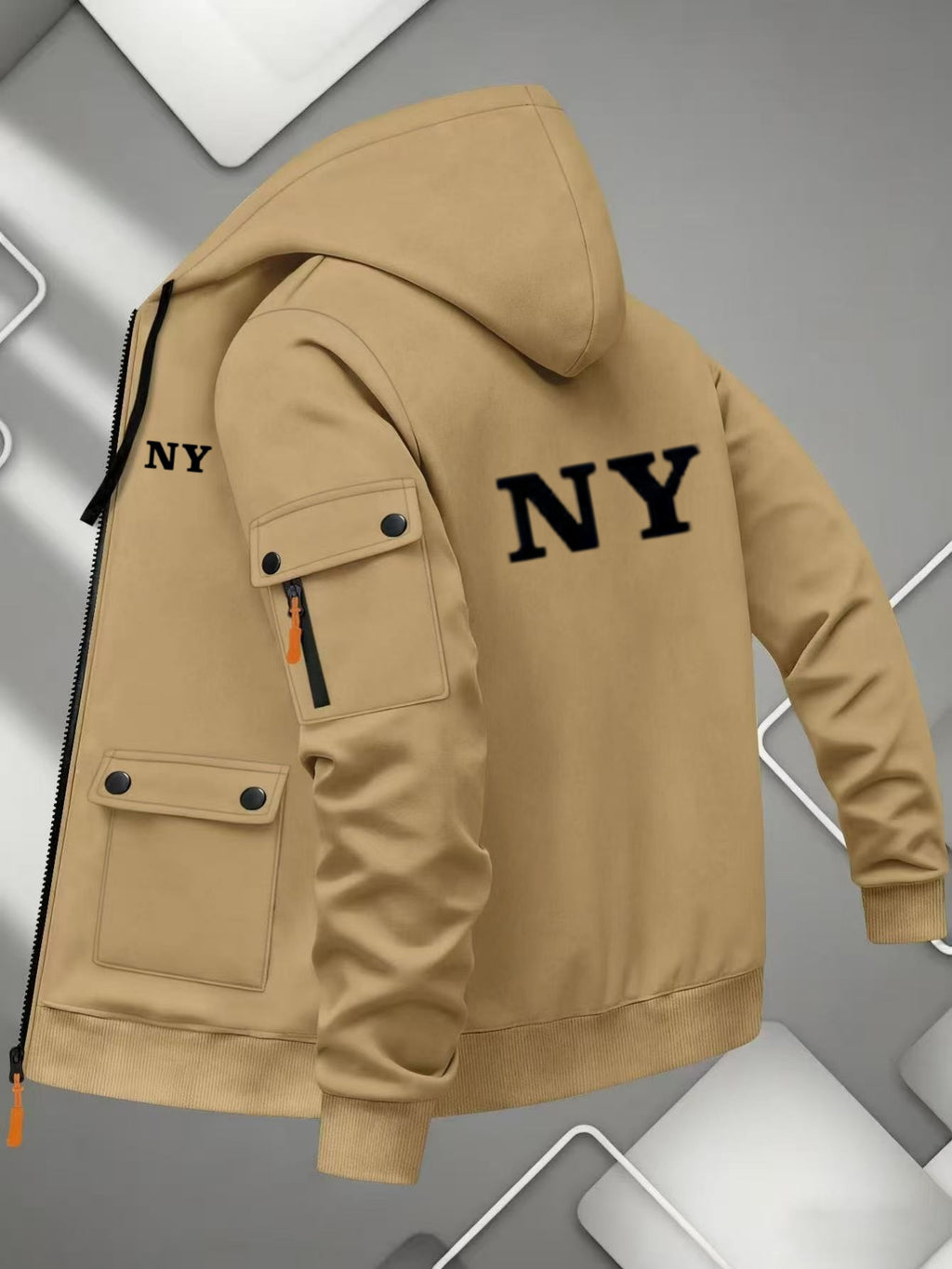 Men'S Basic NY Uppercase Letter Print Cargo Hooded Zipper Cardigan Casual Jacket - Khaki