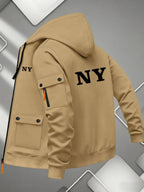 Men'S Basic NY Uppercase Letter Print Cargo Hooded Zipper Cardigan Casual Jacket - Khaki
