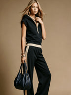 Women's Sleeveless Hooded Sweatshirt Set with Ribbed Trim, Side Stripe Wide-Leg Joggers, Vintage Casual 2pcs Set - Black