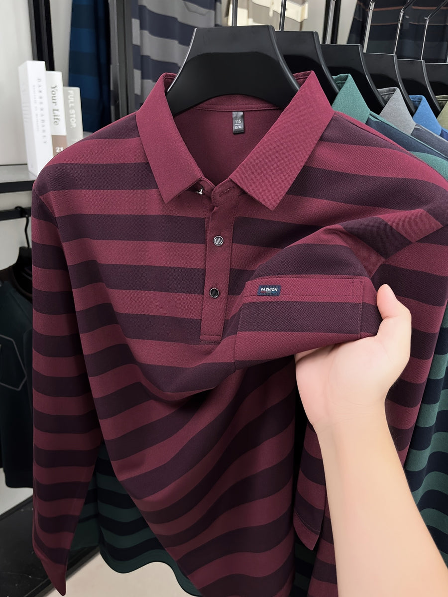 Minimalist Urban Striped Long-Sleeve Polo Shirt for Portable Daily Commuting - Red