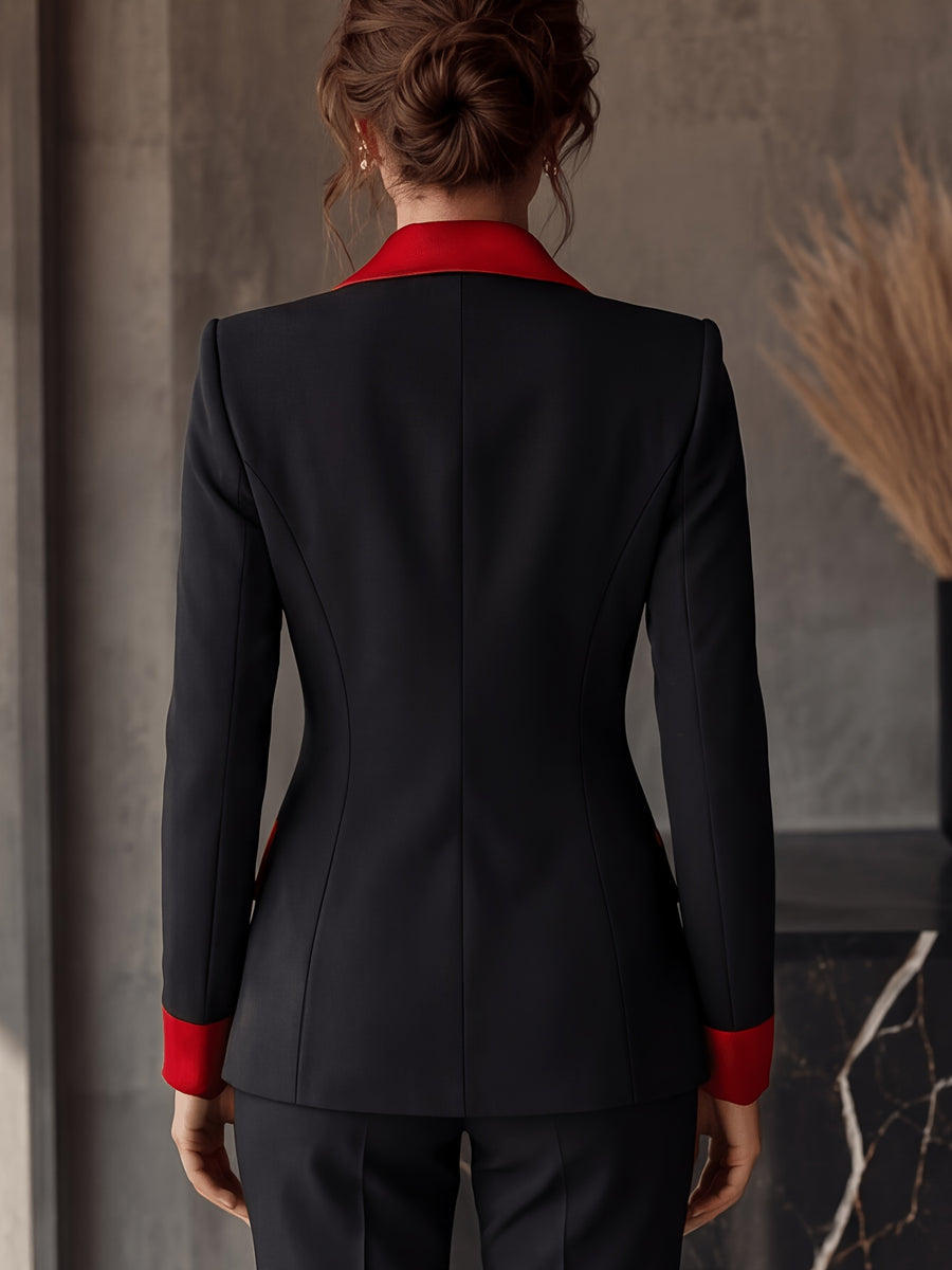 High-end Niche Color-blocked Lapel Double-breasted Long-sleeve Versatile Blazer with Lining and Pockets - Black