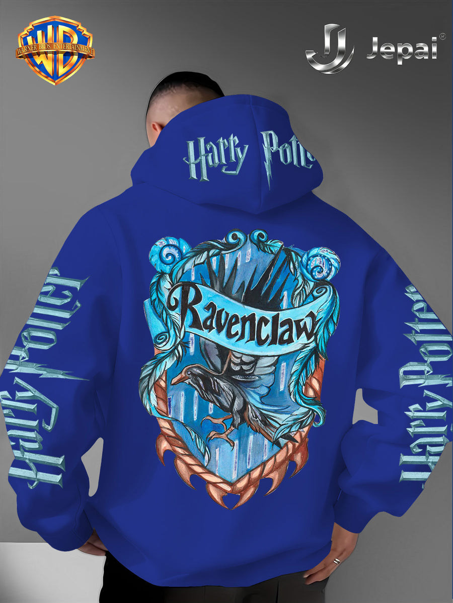 Warner Bros. Official, Trendy Cool American Street Style Harry Potter Badge Print Hooded Sweatshirt, Unisex American Street Style Long-Sleeve Top, Suitable for Daily and Outdoor Activities, an Excellent Warm Outerwear Choice for Autumn and Winter! - Blue