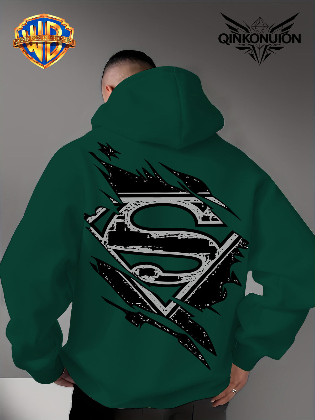 Warner Official Men's Hooded Sweatshirt, Black and White Distressed Batman Symbol Torn Wind Print Design, Machine Washable, Cozy and Comfortable Daily Drawstring Hooded Sweatshirt for Autumn and Winter, Versatile Sporty Casual Loose Fit - Green