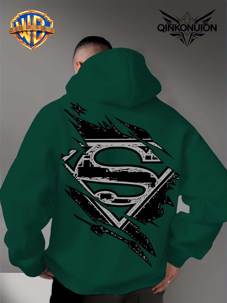 Warner Official Men's Hooded Sweatshirt, Black and White Distressed Batman Symbol Torn Wind Print Design, Machine Washable, Cozy and Comfortable Daily Drawstring Hooded Sweatshirt for Autumn and Winter, Versatile Sporty Casual Loose Fit - Green