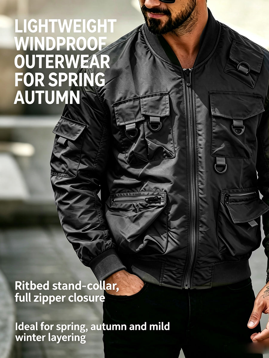 2026 Pilot Jacket Vintage Workwear Multi-Machine Motorcycle Jacket with Pockets Functional Outdoor Top - Black