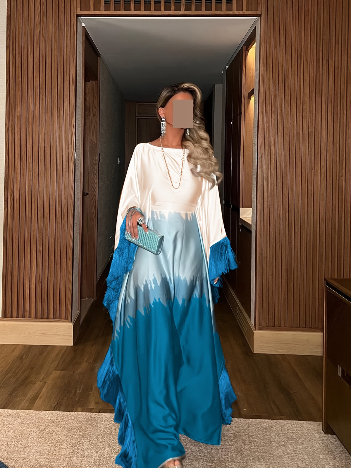 1pc Elegant Tie-Dye Tie Dye Fringe Casual Polyester Printed Fashion Abaya Open Front Robe - Dark Cyan
