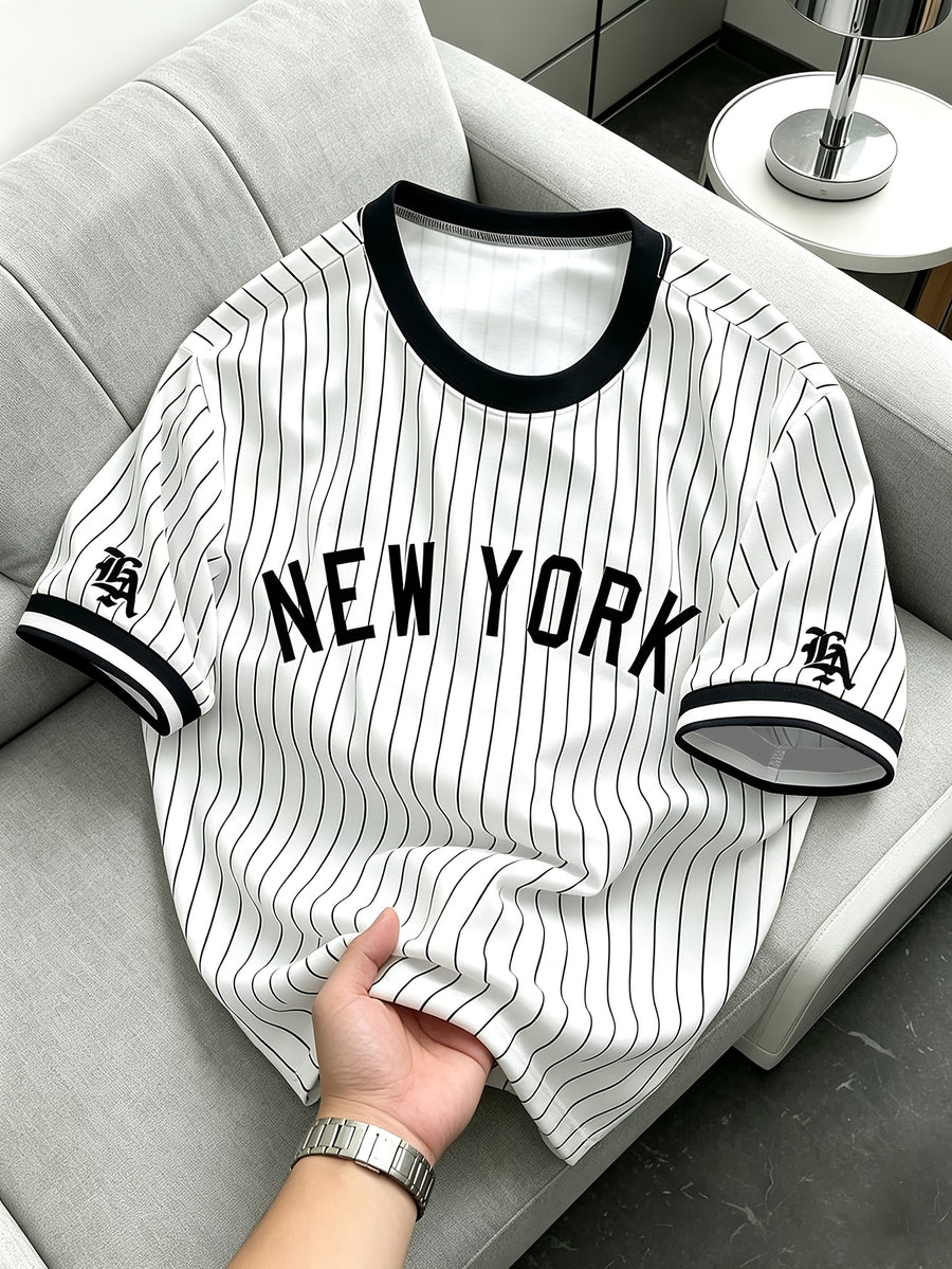 Men's Vintage Baseball Vertical Stripe T-Shirt - Contrast Black Trim Crew Neck Short-Sleeve, Drop Shoulder Fit Retro Streetwear Suitable for Commuting, Sports, Campus Wear - Machine Washable Birthday Gift for & Men - White