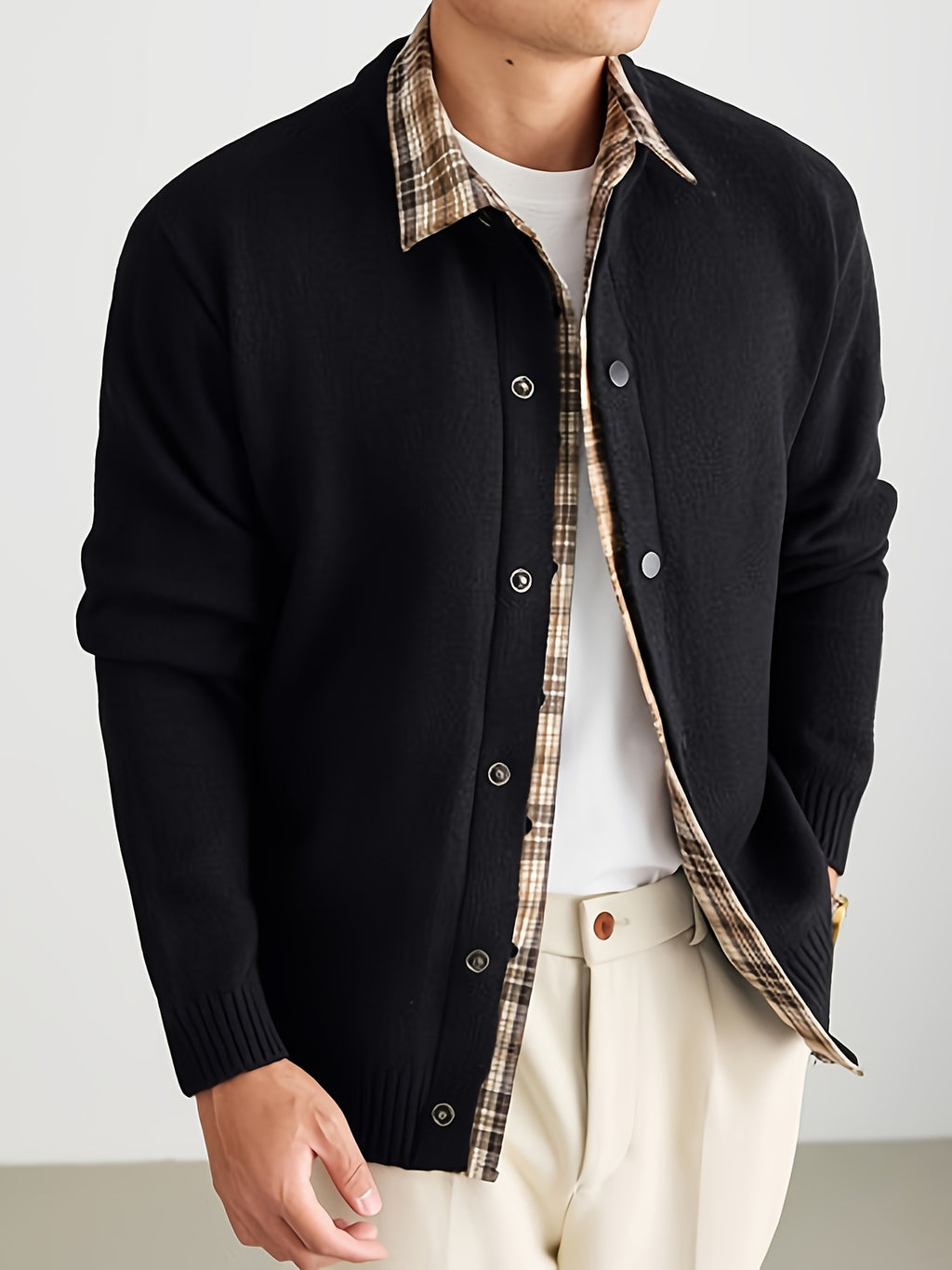 Men'S Oatmeal Knit Cardigan, Faux Two-Piece Plaid Shirt Collar Single Button, Business Casual Spring Autumn Regular Fit, Commuting Office - Black
