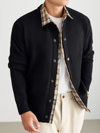 Men'S Oatmeal Knit Cardigan, Faux Two-Piece Plaid Shirt Collar Single Button, Business Casual Spring Autumn Regular Fit, Commuting Office - Black