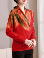 Spring/Autumn Women's Top, Mom Style New Year Spring Fashion Printed Long Sleeve Sweater for Middle-Aged and Elderly Women, Elegant Base Layer Pullover, 2026 New Model, Comfortable and Youthful, Versatile Women's Apparel for Daily Wear, Home, Outings - Red