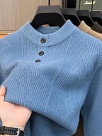 Spring And Autumn Men'S Half-Button Henley Collar Knit Sweater 3D Jacquard Texture Warm Easy And Atmospheric Middle-Aged Men'S Commuter Pullover - Blue
