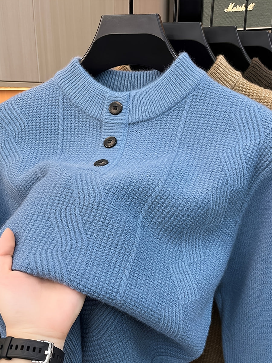 Spring And Autumn Men'S Half-Button Henley Collar Knit Sweater 3D Jacquard Texture Warm Easy And Atmospheric Middle-Aged Men'S Commuter Pullover - Blue