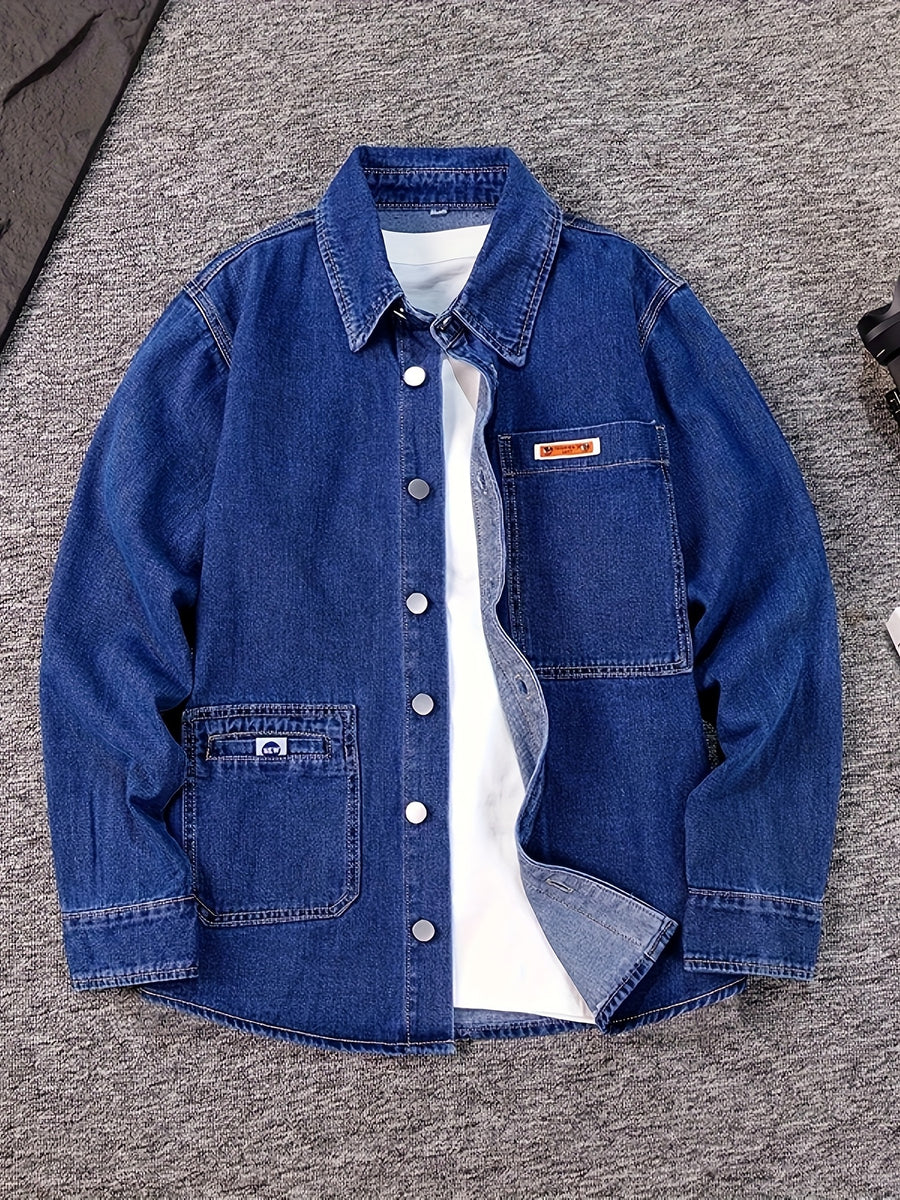 9011# Men's Loose Fit Non-Stretch Denim Shirt - Classic Collar Long Sleeve with Chest Pockets, Machine Washable Casual & Party Wear for Spring/Fall, Plus Size Available, Spring Fall Attire, Stylish Chest Pocketing, Durable Fabric, Nonstretch Material - Blue