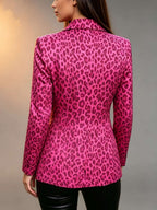 Leopard Print Single-breasted Slim-fit Suit Jacket, Long-sleeved Versatile Women's Blazer for Commuting and Casual Wear - Rose Red