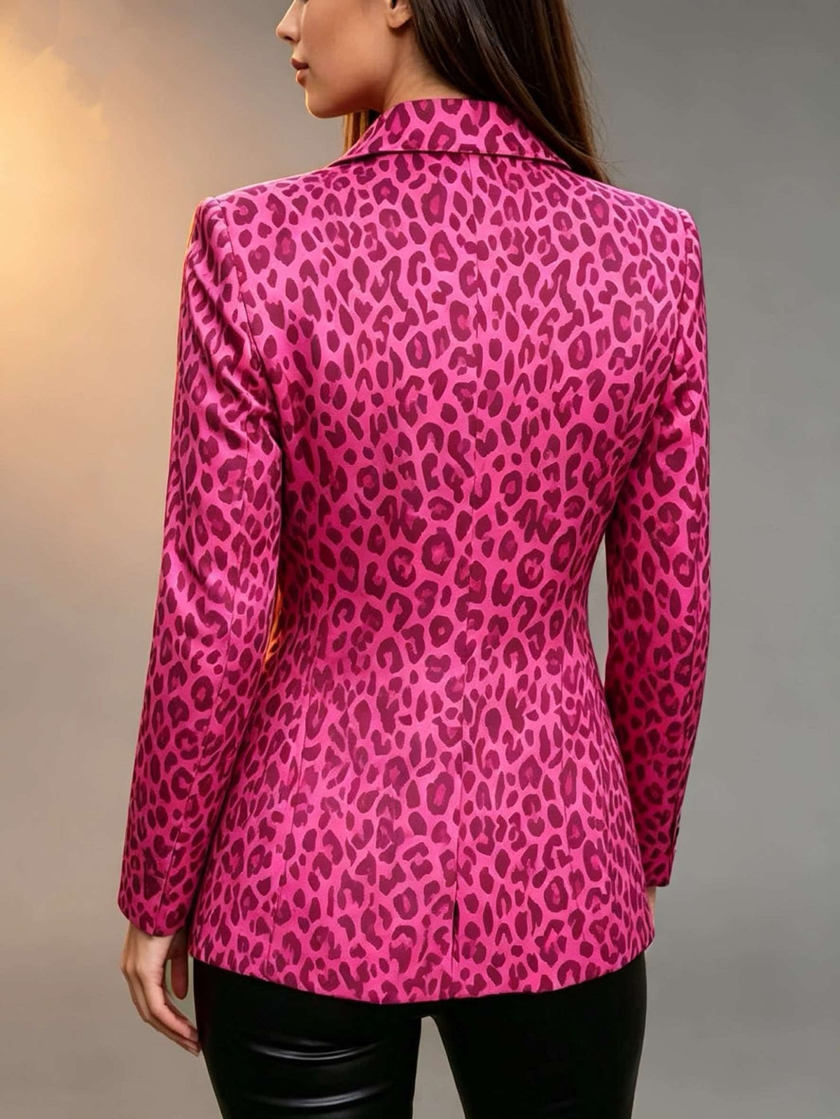 Leopard Print Single-breasted Slim-fit Suit Jacket, Long-sleeved Versatile Women's Blazer for Commuting and Casual Wear - Rose Red
