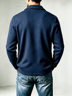 Men'S Spring Autumn New Pinstripe Textured Fabric Blazer Collar Cardigan Single Button Double Pocket Business Casual All-Match Long Sleeve Jacket, Knit Soft Comfortable Fashion Solid Color Outerwear Suitable for Daily Outings, Dates, Holidays - Navy Color