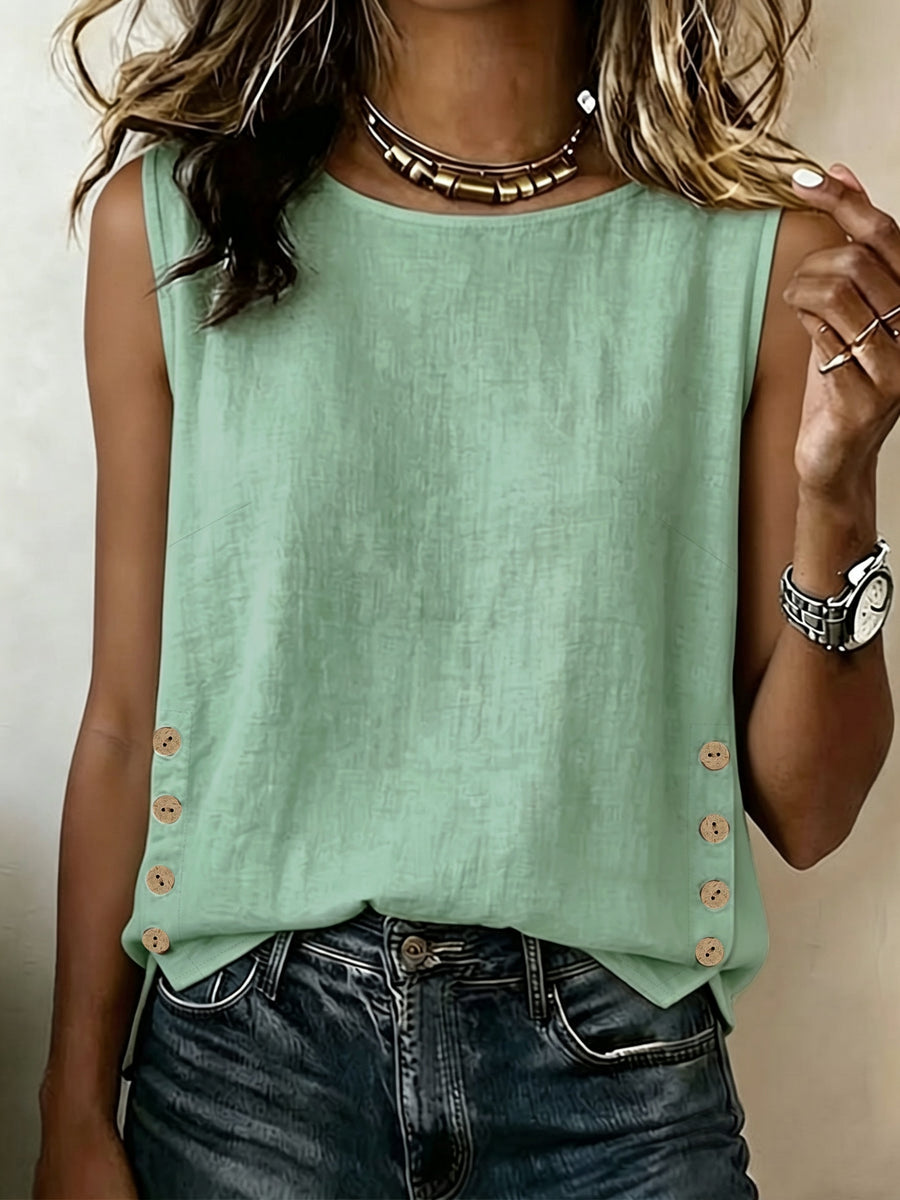 Summer Minimalist Style Round Neck Side-Button Versatile Sleeveless Shirt - Mint Green