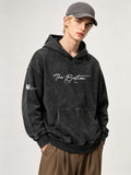 Men's Washed Distressed Hooded Sweatshirt, Streetwear Brand Print Pullover Jacket, Street Casual Hoodie, Versatile for Street Commuting and Vacation, Men's Fashion Hoodie - Black