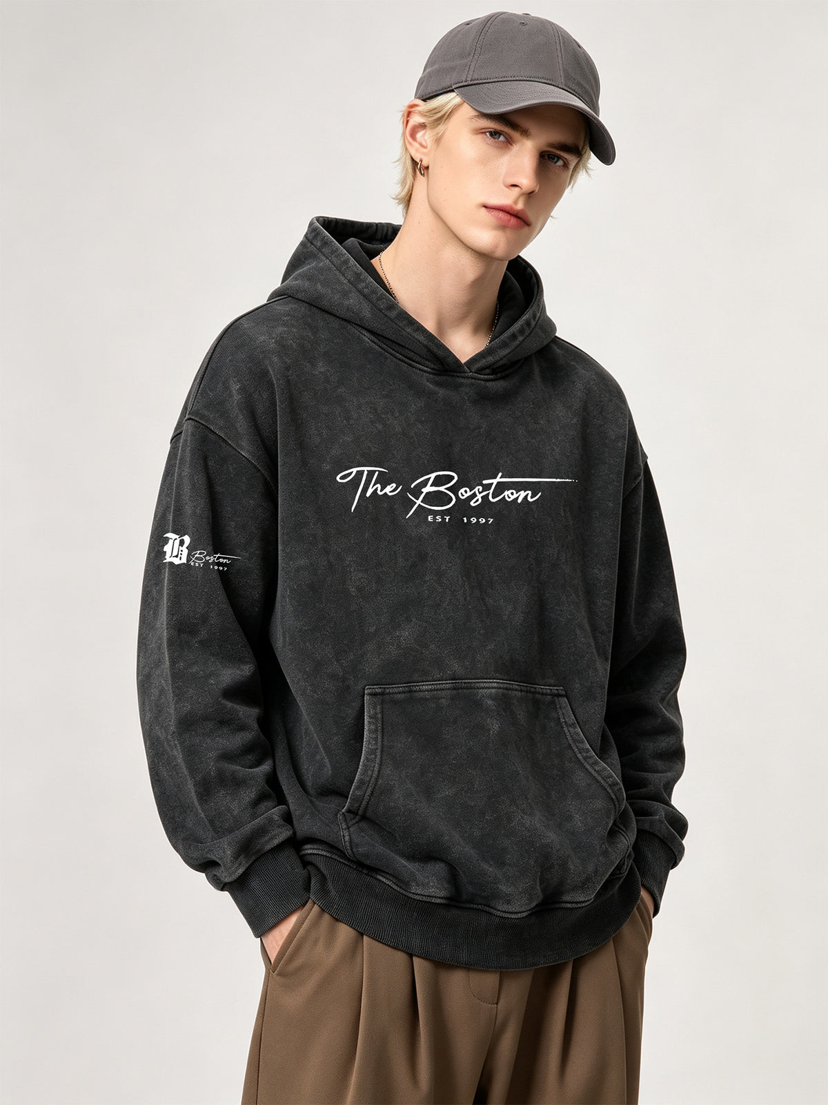 Men's Washed Distressed Hooded Sweatshirt, Streetwear Brand Print Pullover Jacket, Street Casual Hoodie, Versatile for Street Commuting and Vacation, Men's Fashion Hoodie - Black