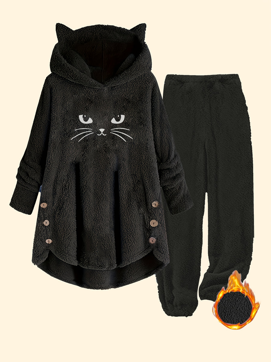 Targeted Development Fashion Women'S Contrast Plush Cat Ear Cute Casual Hoodie And Pants Set - Black
