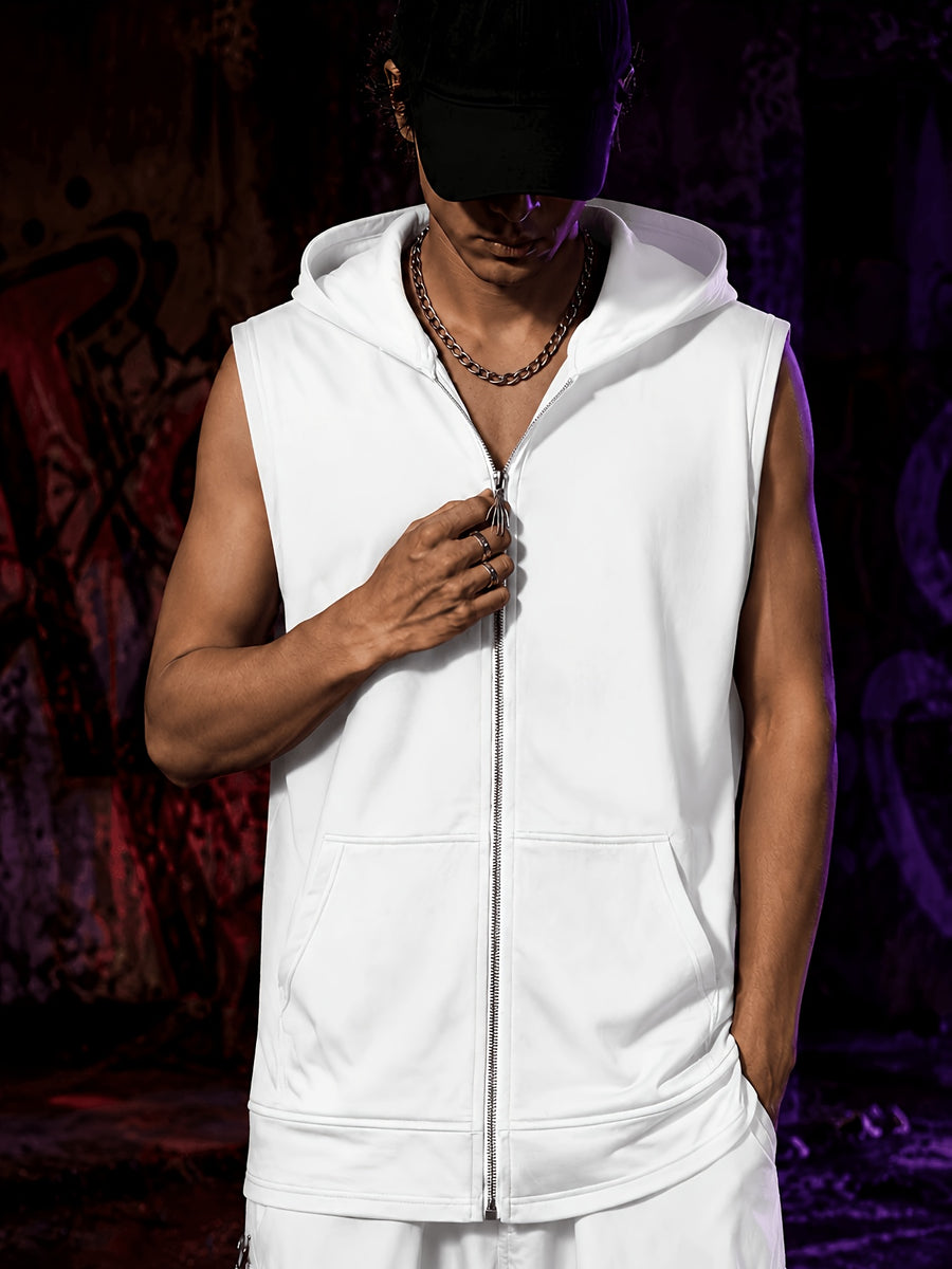 Men'S Sleeveless Hooded Zipper Sweatshirt, Skull Zipper Head Casual Vest - White