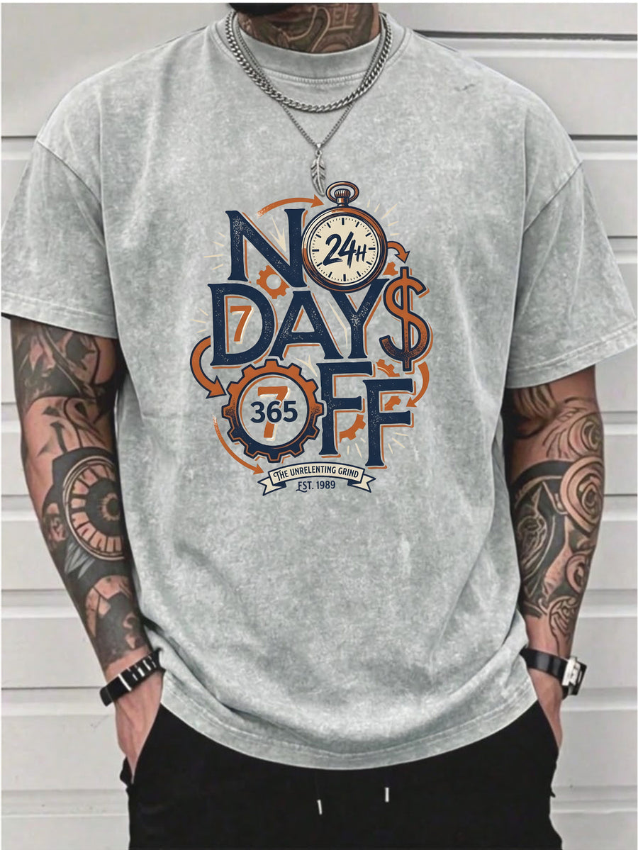 Men's Washed Short-sleeve T-shirt, Made of Pure Cotton for Breathability and Skin-friendly Comfort. Features a Relaxed Fit for Versatile Wear. Front Print with "NO DAYS OFF" Motivational Text and Gear Stopwatch Elements Exuding a Powerful Vibe - Grey