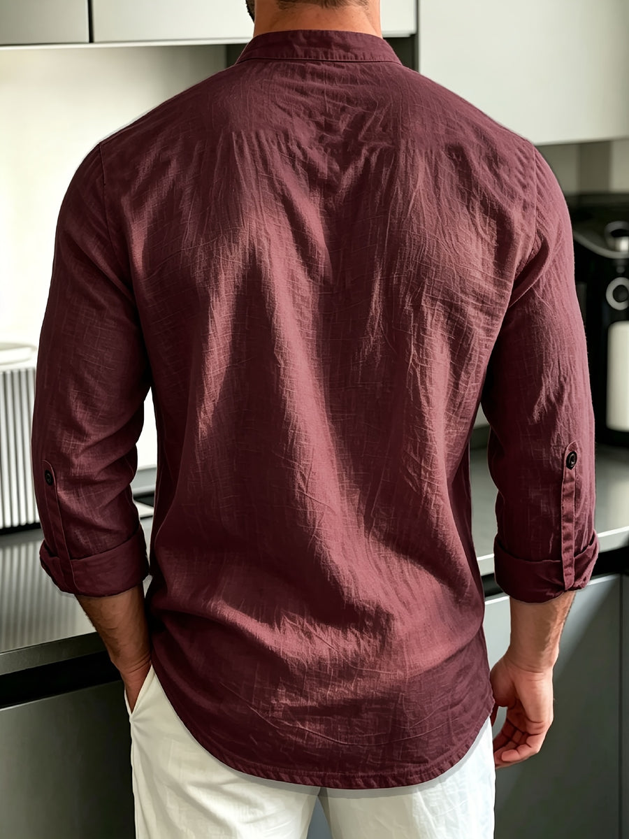 [Know And Give OBM] Men'S Solid Color Stand-Collar Linen Long Sleeve Shirt, Semi-Open Front Design, Roll-Up Sleeve Style | Casual Commute, Short Vacation, Leisure Gatherings | Men'S Versatile Top - Burgundy