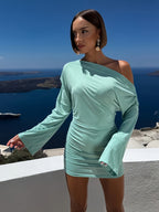 Women's Fashion Pure Desire One-Shoulder Off-Shoulder Long Sleeve Dress, Mint Green Ruched Waist-Cinching Bodycon Hip-Hugging Mini Skirt, Sexy Beach Vacation Short Skirt for Hot, Niche Designer Ruched Waist-Slimming Mini Skirt + YYTT - Viridity
