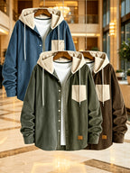 Men'S Fashion Corduroy Hooded Long Sleeve Shirt, Men'S Casual 3pcs Set Hooded Top Shirt - Blue Plus Green Plus Brown