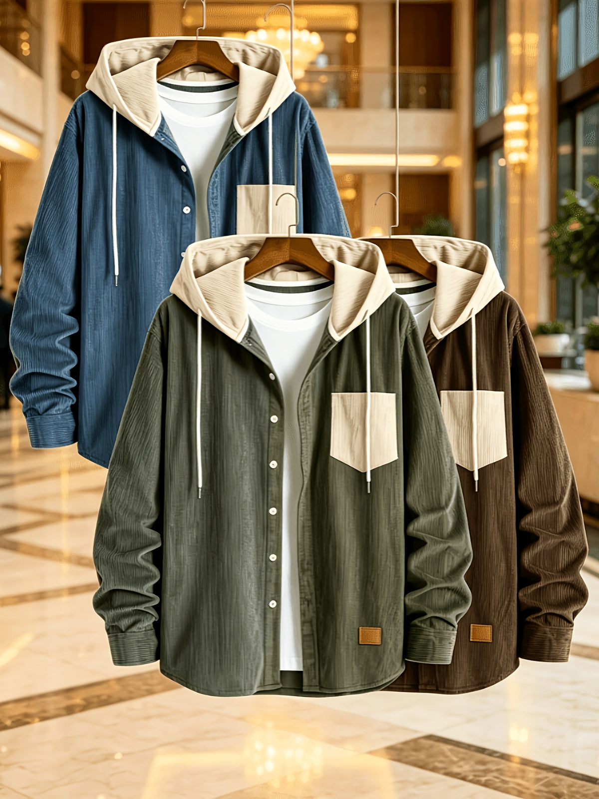 Men'S Fashion Corduroy Hooded Long Sleeve Shirt, Men'S Casual 3pcs Set Hooded Top Shirt - Blue Plus Green Plus Brown