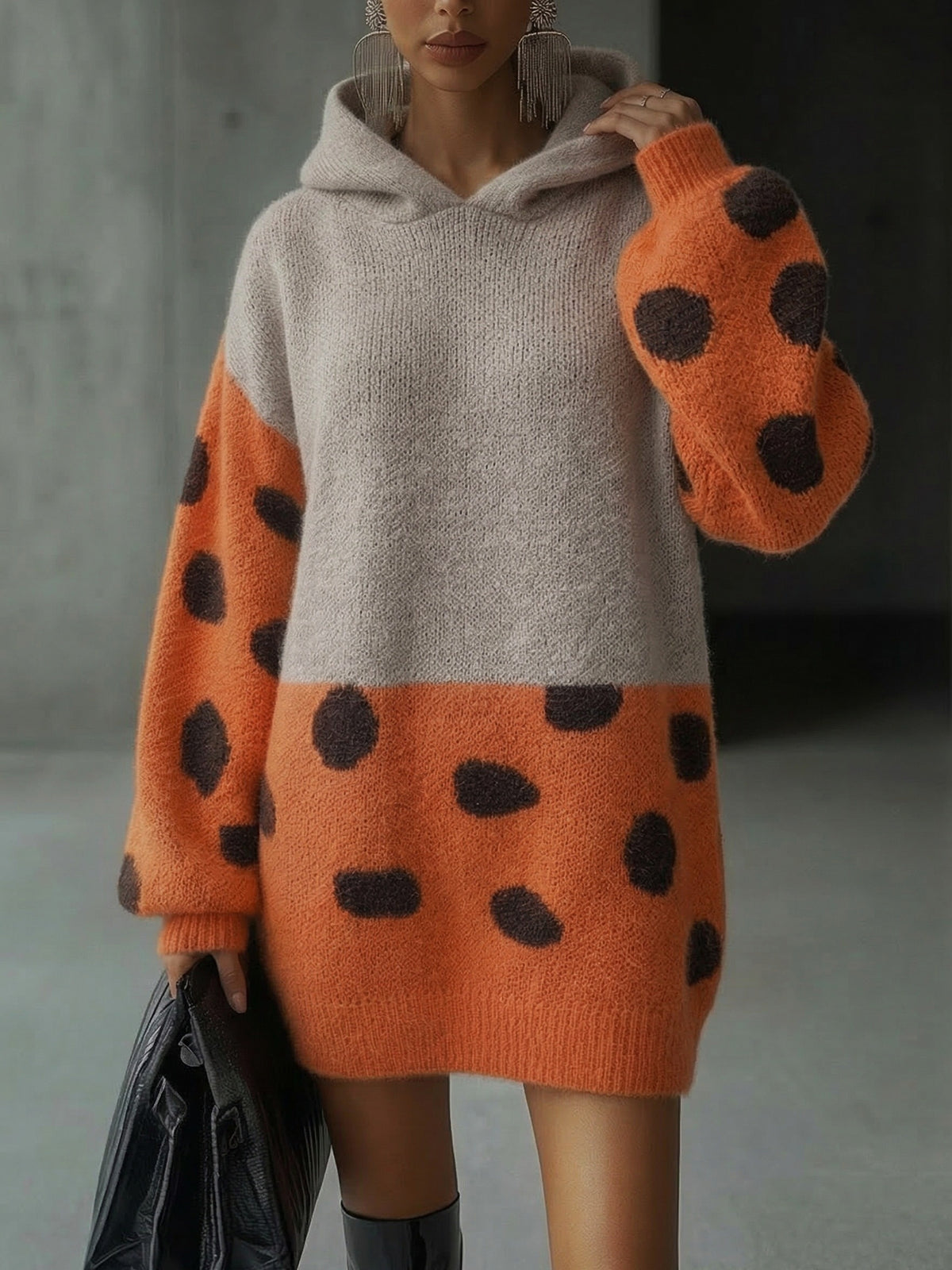 Women'S Elegant Dress with Hat, Leopard Print Color Block Texture Polka Dot Jacquard Contrast Soft Comfortable Beautiful Vintage Casual Party Slim Fit Pullover Dress Long Top Short Skirt Warm Fashion Commute - Orange-Red