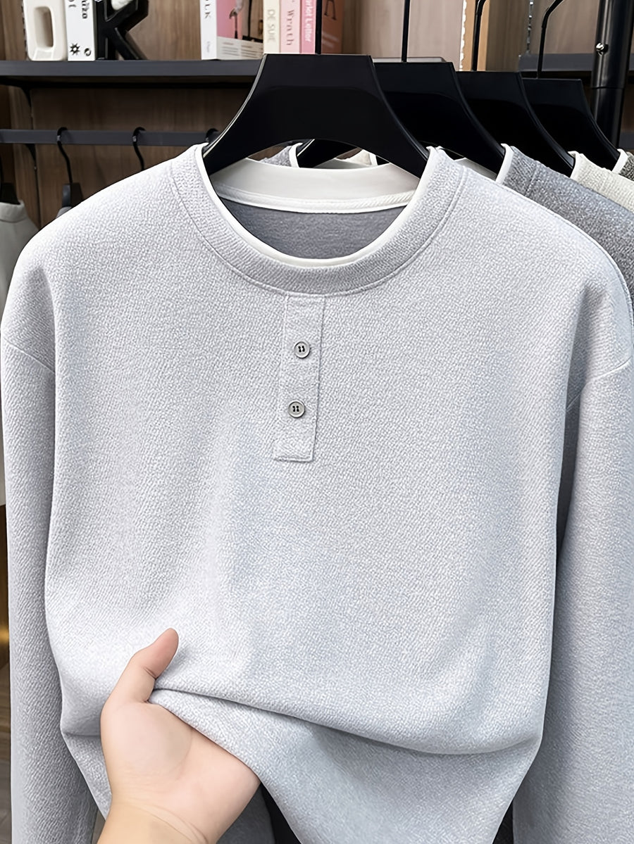 Men's Henry Collar 2-in-1 Look Knit Sweater, Simple Old Money Style, Suitable for Both Business and Casual Wear, Pairs Well with Dress Pants, Casual Pants, and Jeans - SINBOS - Light Grey