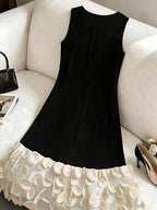 Fashion Solid Color Versatile Round Neck Elegant Women'S Dress, with 3D Patchwork Hem And Beaded Neckline, Summer New Style, Suitable for Elegant Daily Wear, Social Gatherings, Commuting, Outings, Vacations, And More - Apricot
