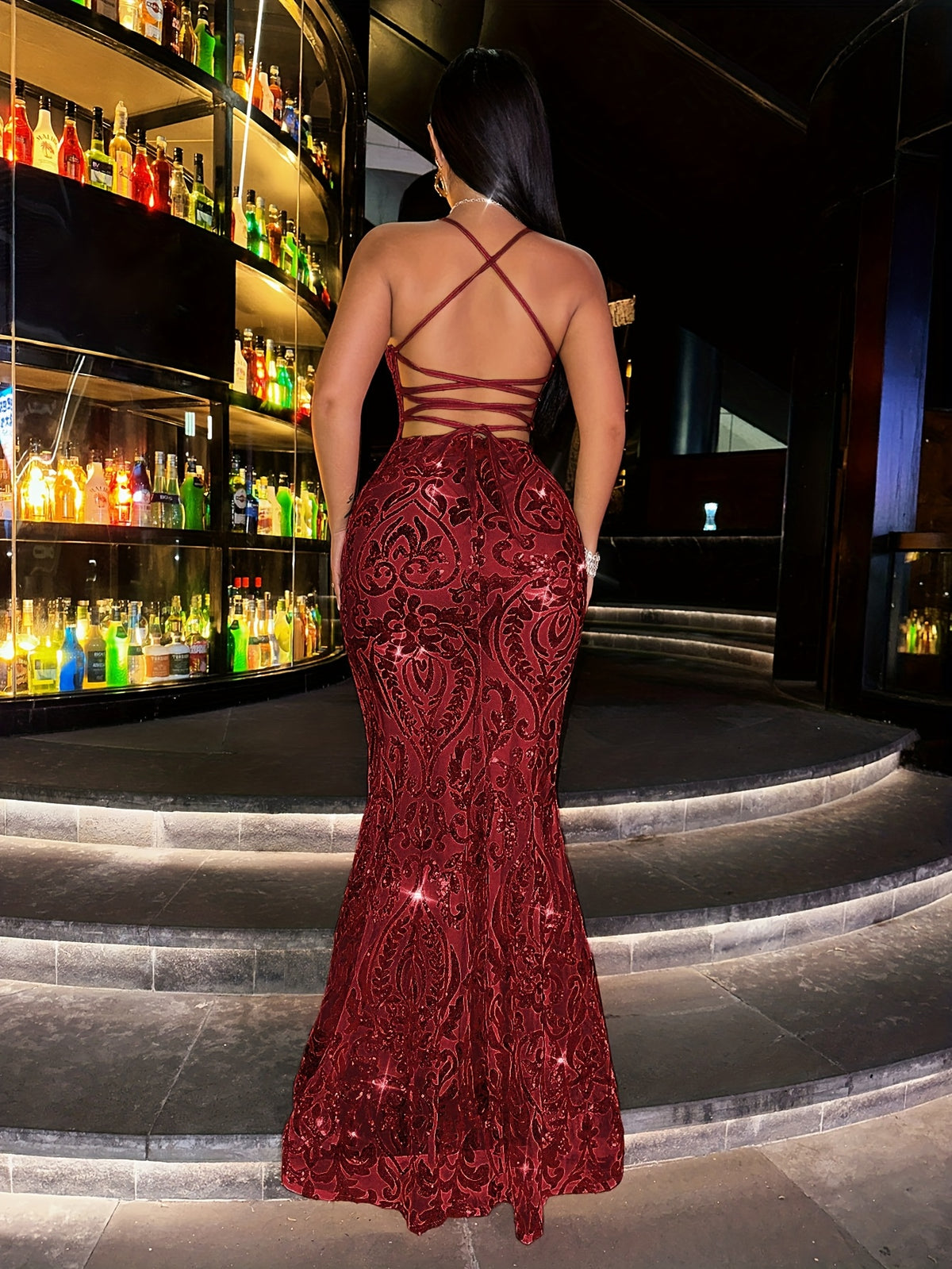 New Sequin Women'S Long Dress Gorgeous Elegant Prom Party Dress Slim High Waist Women'S Long Dress Off-Shoulder Backless Slit Evening Dress Wedding Dress Wedding Guest Outfit Music Festival - Burgundy