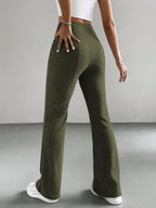 High-Waisted, Elastic Waist Straight-Leg Pants in Light with Small Ribbed Texture And a Slight Flare - Olive Green